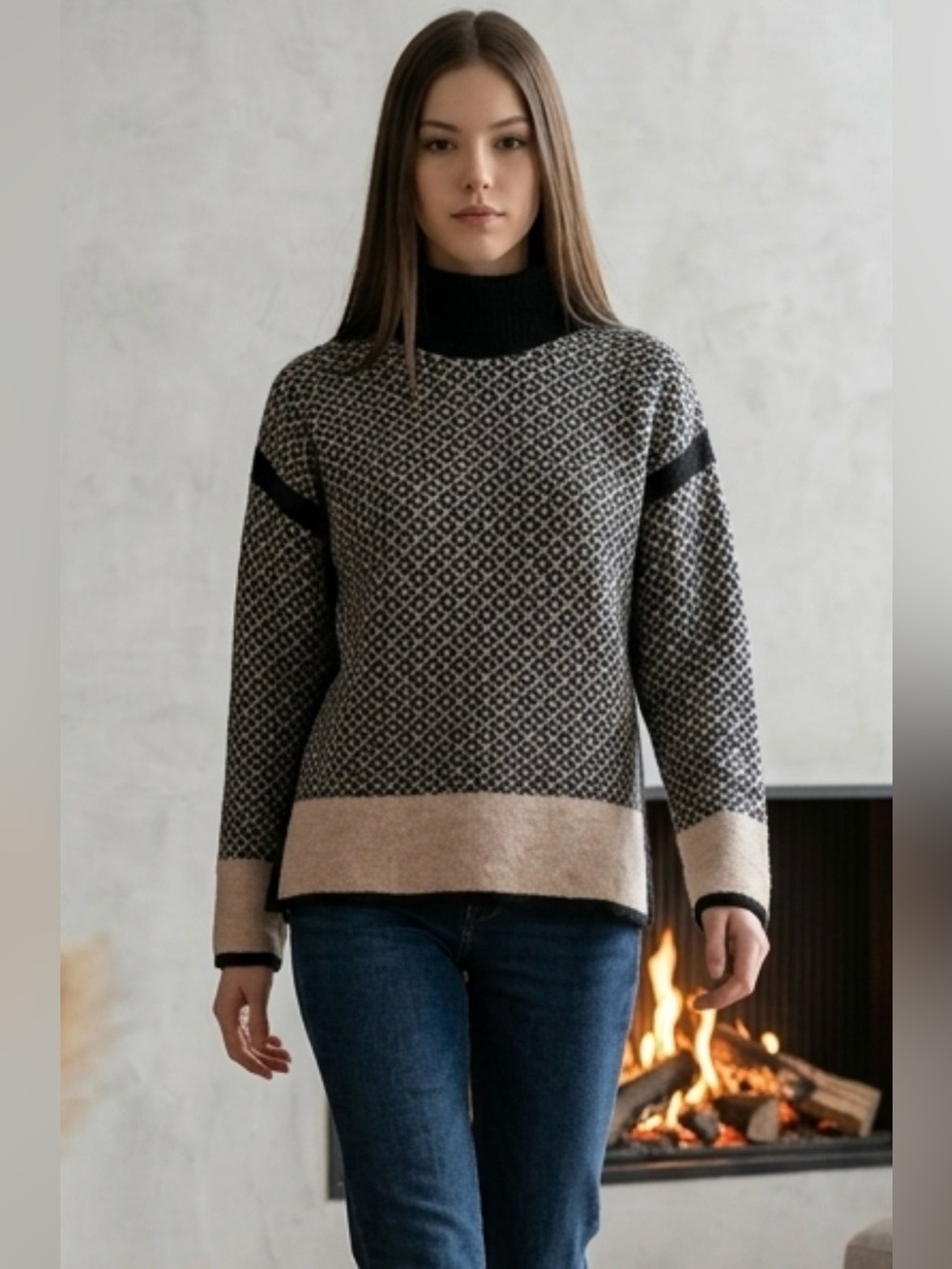 J. Jill Geometric Black & Cream Oversized Soft Cowl Sweater